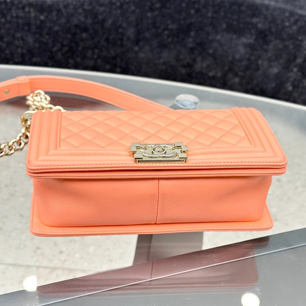 Chanel Leboy MM Calfskin Chain Shoulder Bag Crossbody Orange Gold Women S