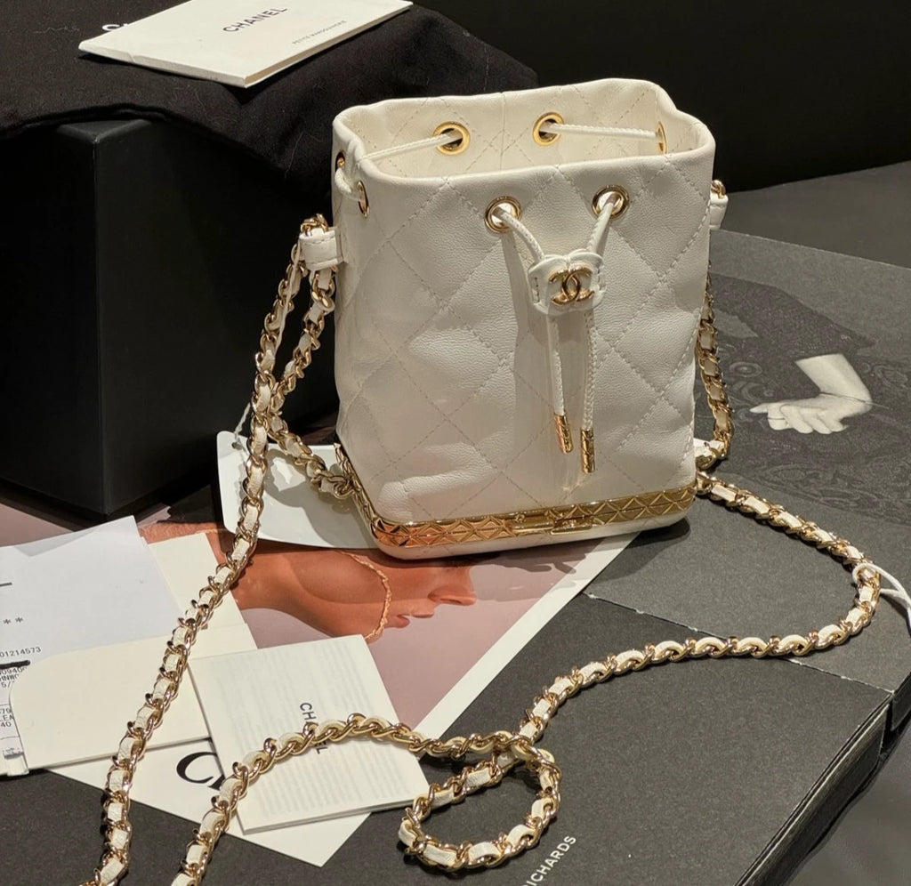 Chanel Small Bucket Diamond Shoulder Bag Crossbody White Women