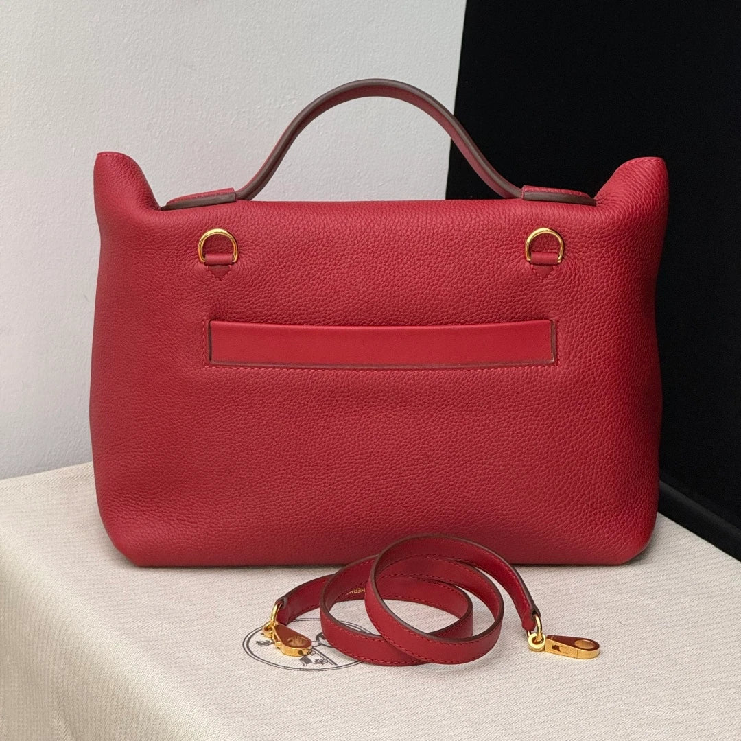 Excellent Condition Hermes 2424 2Way Red Top Handle Bag Crossbody Gold Hardware