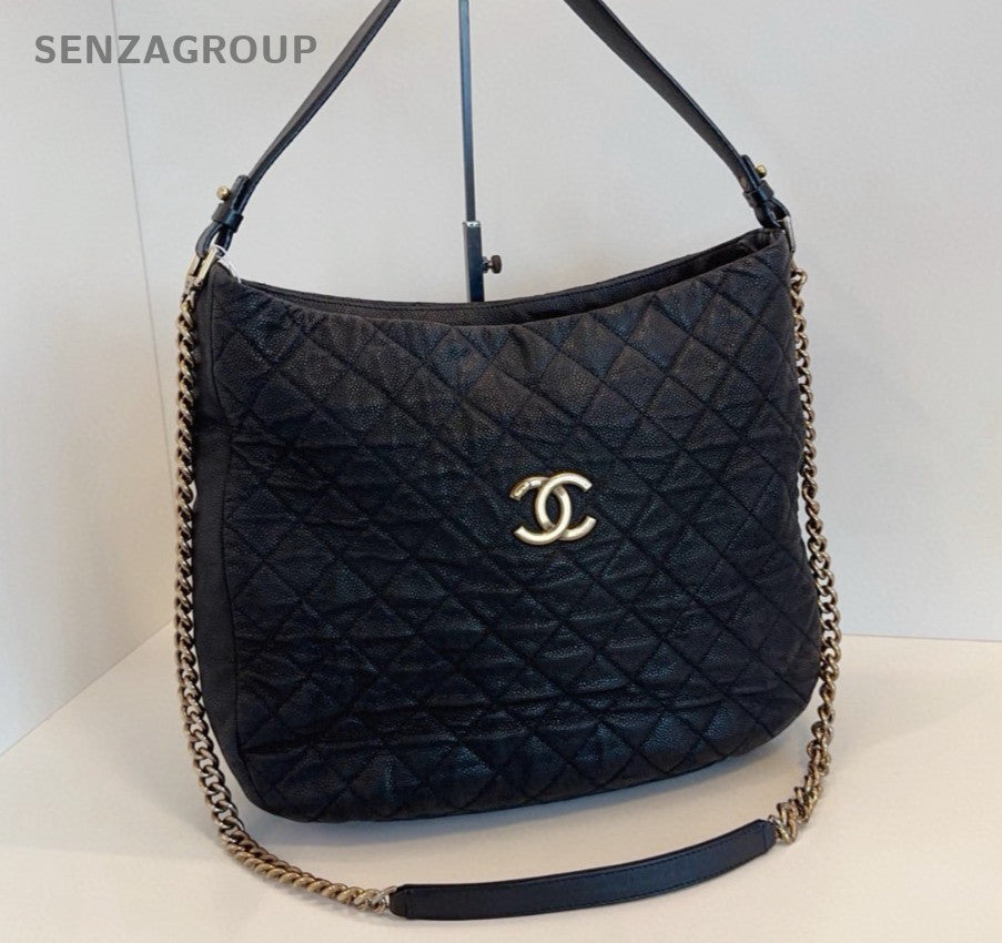 Chanel Diamond Hobo Top Handle Bag Chain Shoulder Bag Black Gold Women Classic