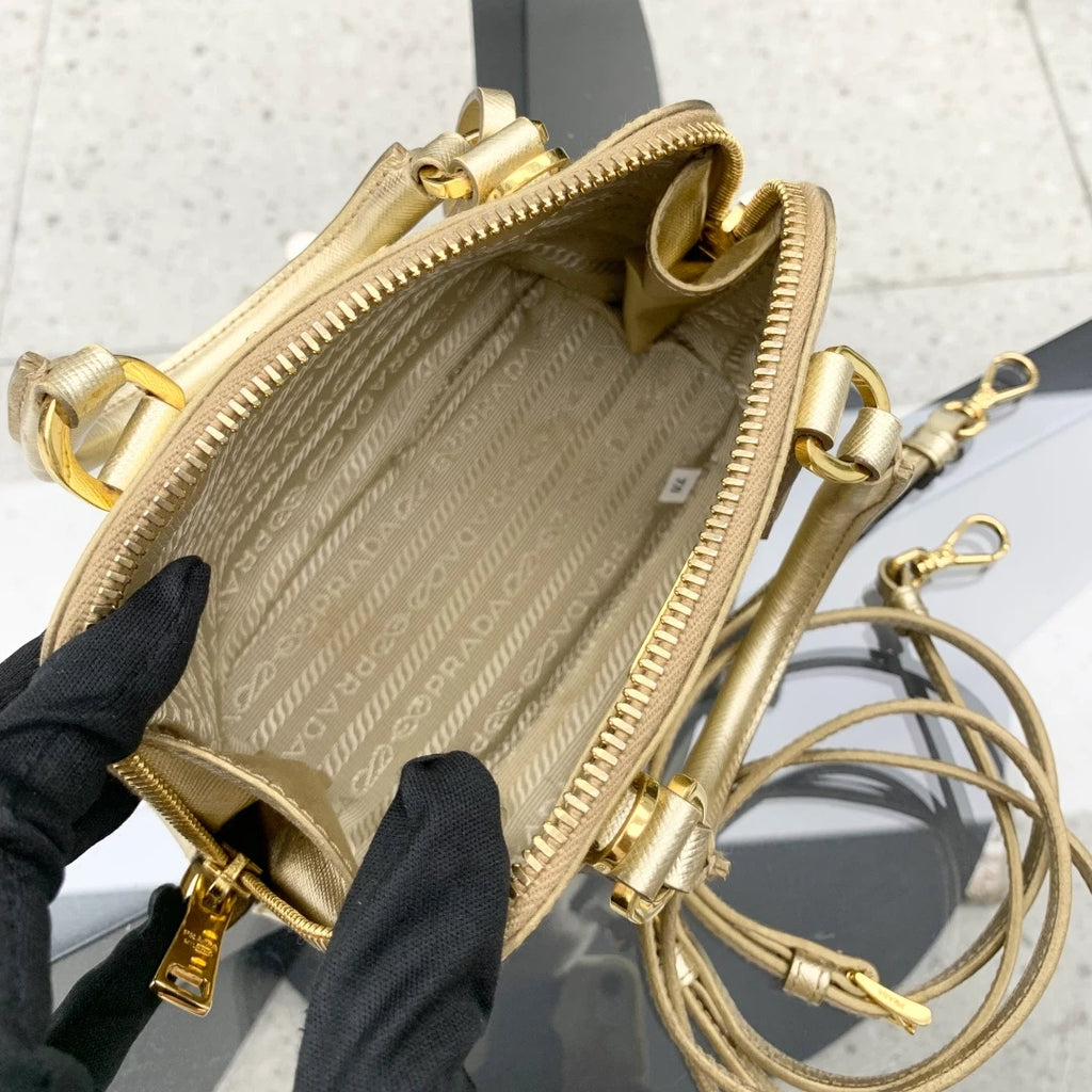 Prada Promenade Mini Calfskin Top Handle Bag Crossbody Gold Women Classic S