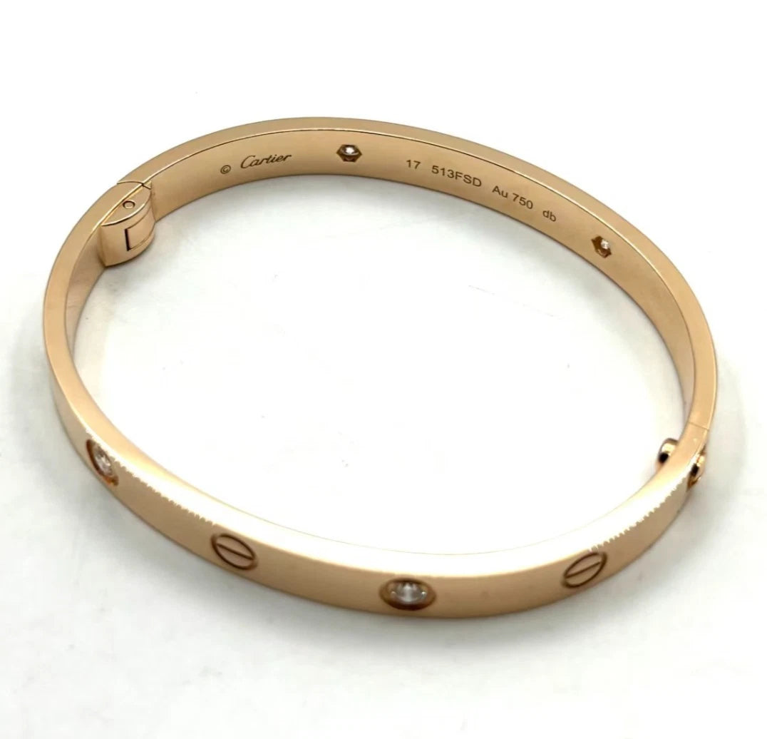 Excellent Cartier Love Classic Bracelet 18k Rose Gold Bangle 4Diamonds Size17
