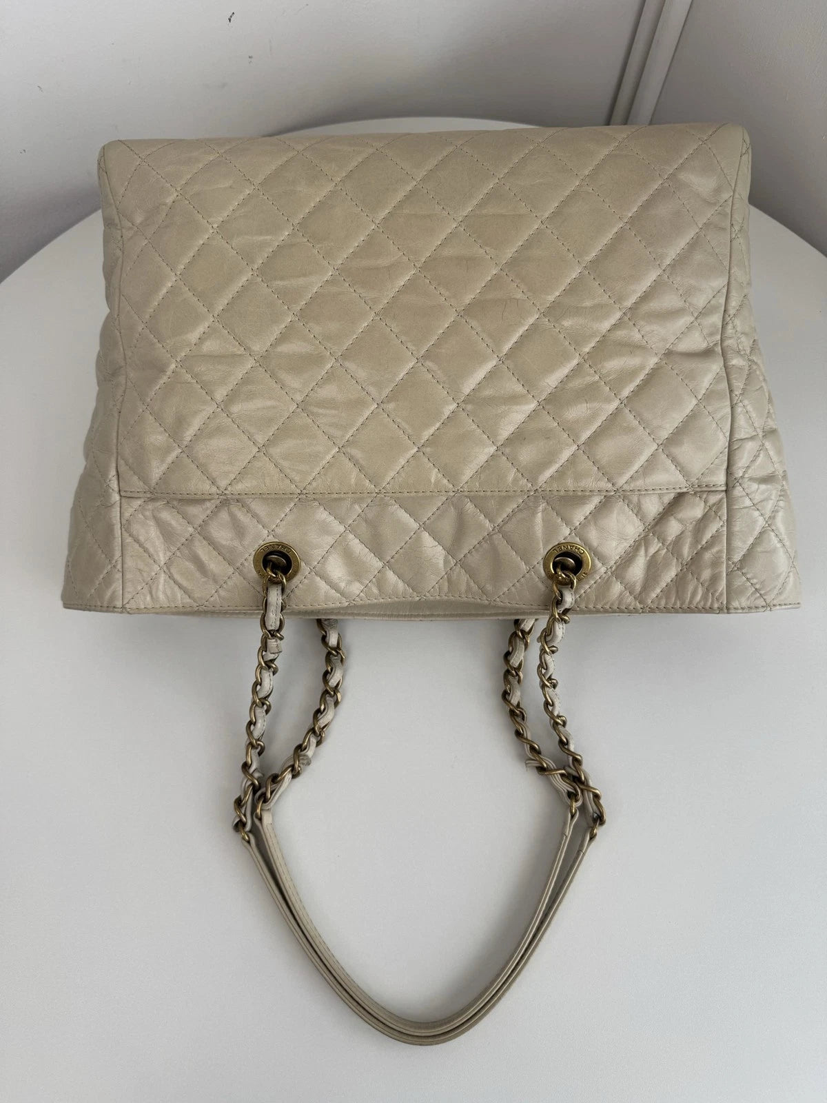 Chanel Tote Beige Chain Shoulder Bag Gold Hardware Women Fashion