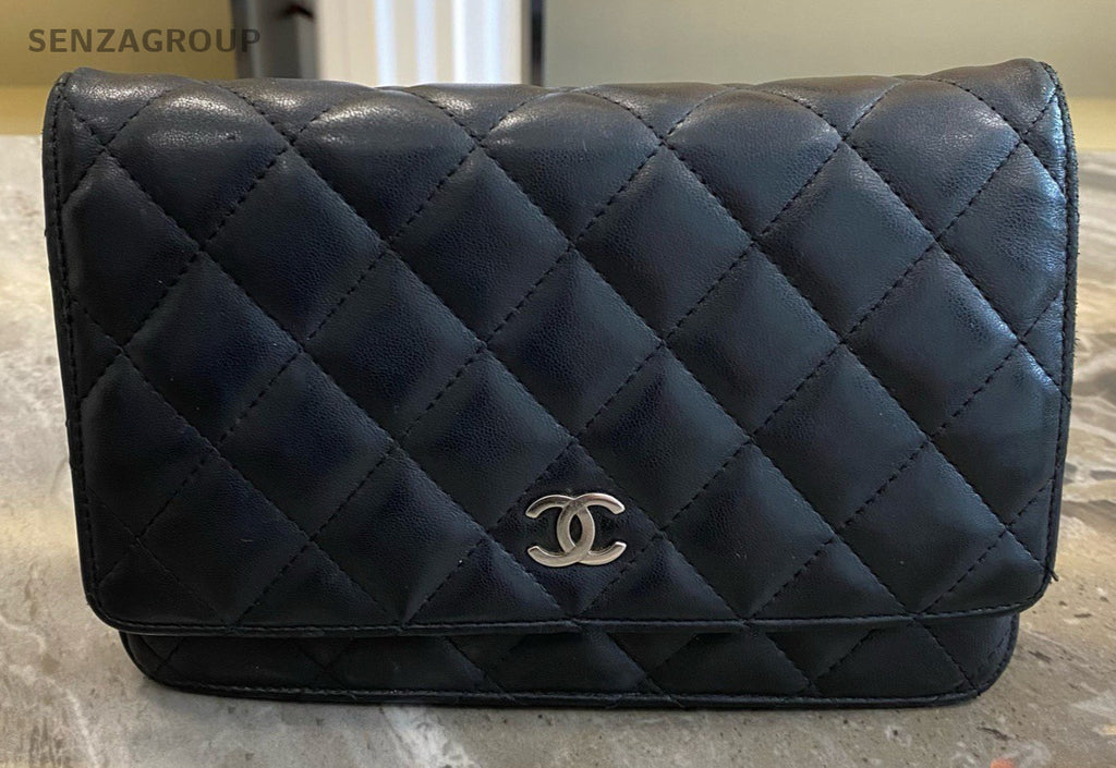 Chanel Classic Flap WOC Lambskin Chain Shoulder Bag Black Silver Used Women
