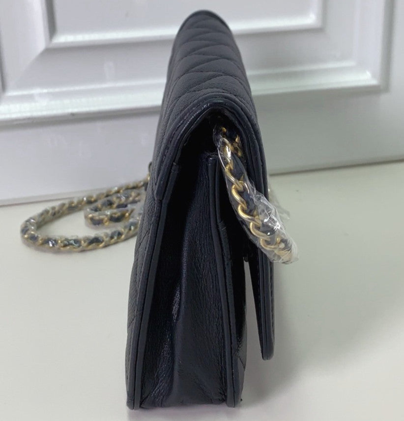 Chanel WOC Chain Calfskin Shoulder Bag Black Gold Women CC Logo Classic
