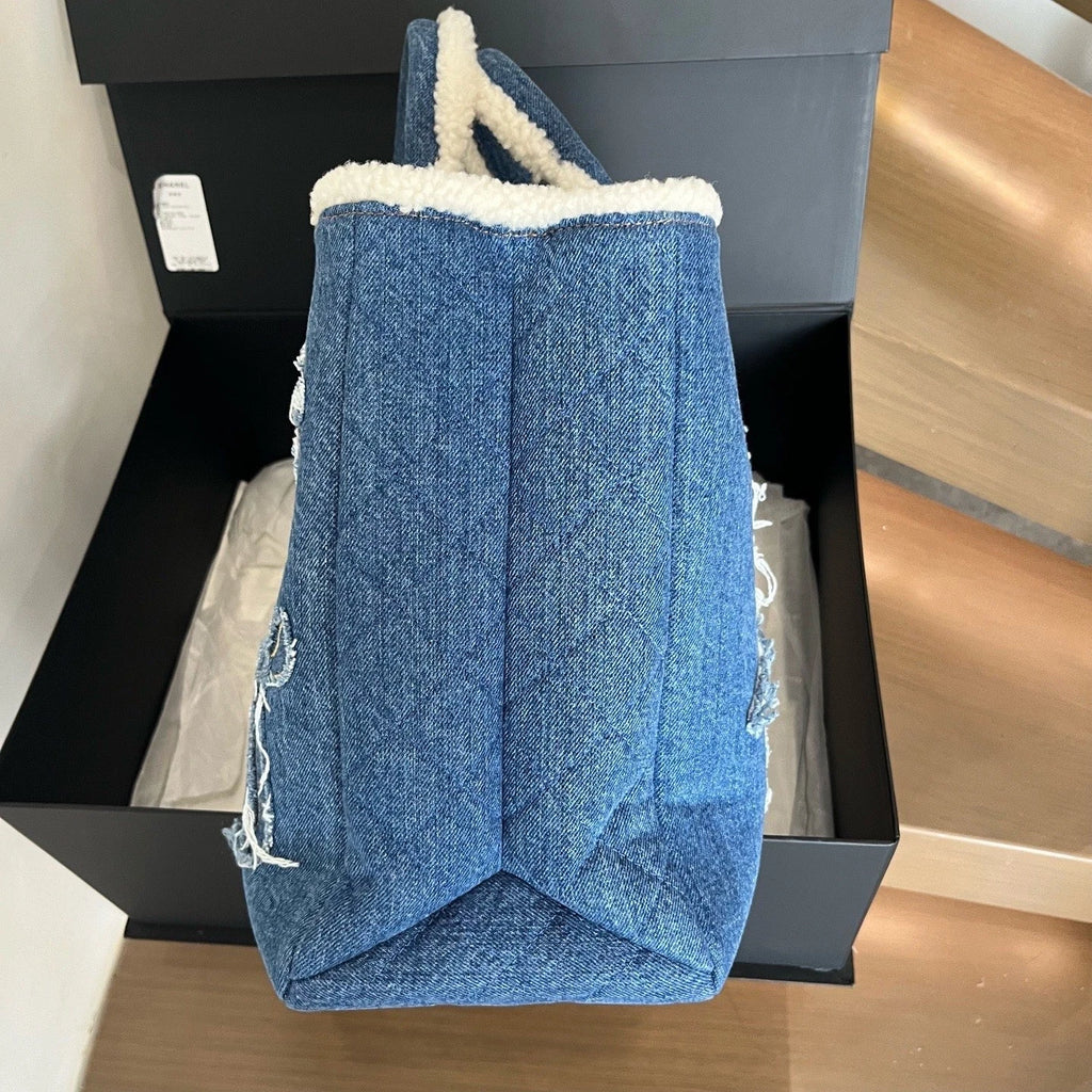 Chanel Denim Shearling Tote Top Handle Bag Shoulder Bag Blue Women