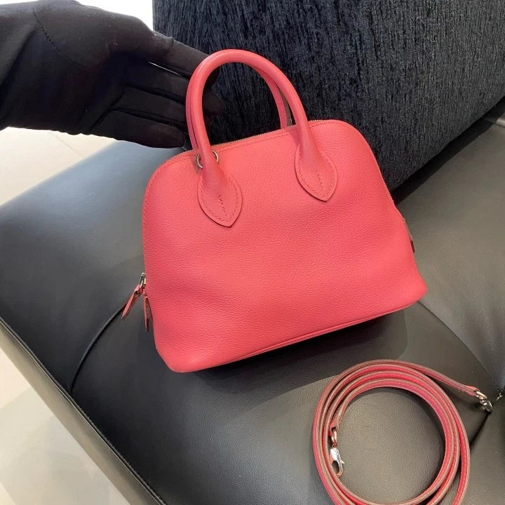 Hermes Bolide Mini Pink Silver Evercolor Leather Top Handle Crossbody Women D
