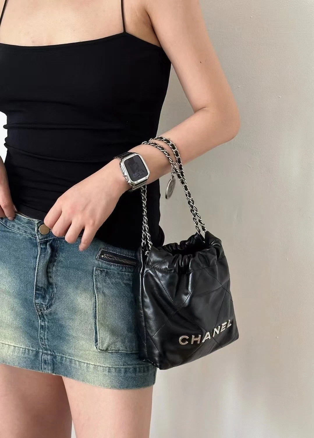 CHANEL 22Bag Mini Black Silver Calfskin Shoulder Bag Women