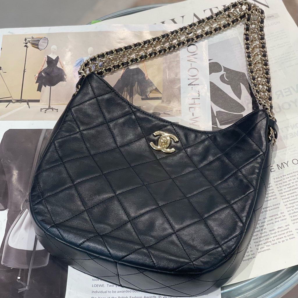 Chanel Hobo Diamond Lambskin Chain Top Handle Shoulder Bag Black Gold Women