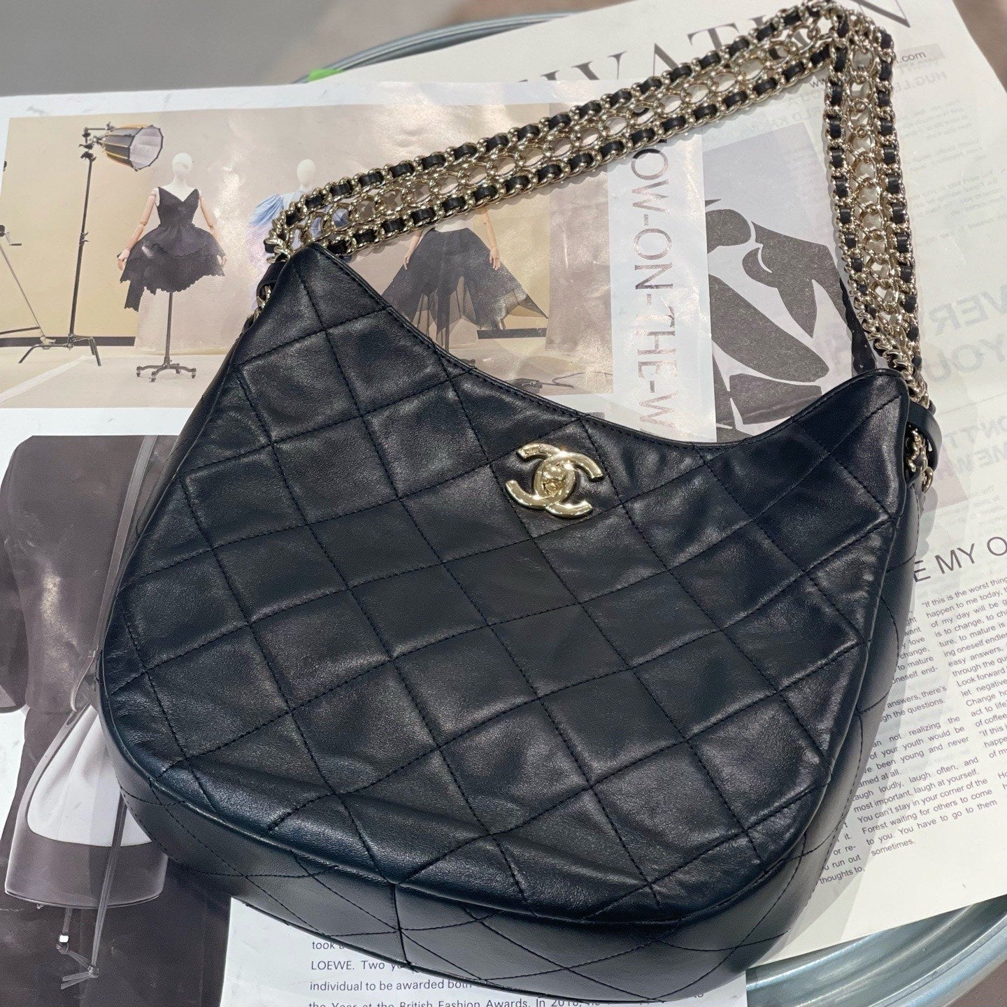 Chanel Hobo Diamond Lambskin Chain Top Handle Shoulder Bag Black Gold Women