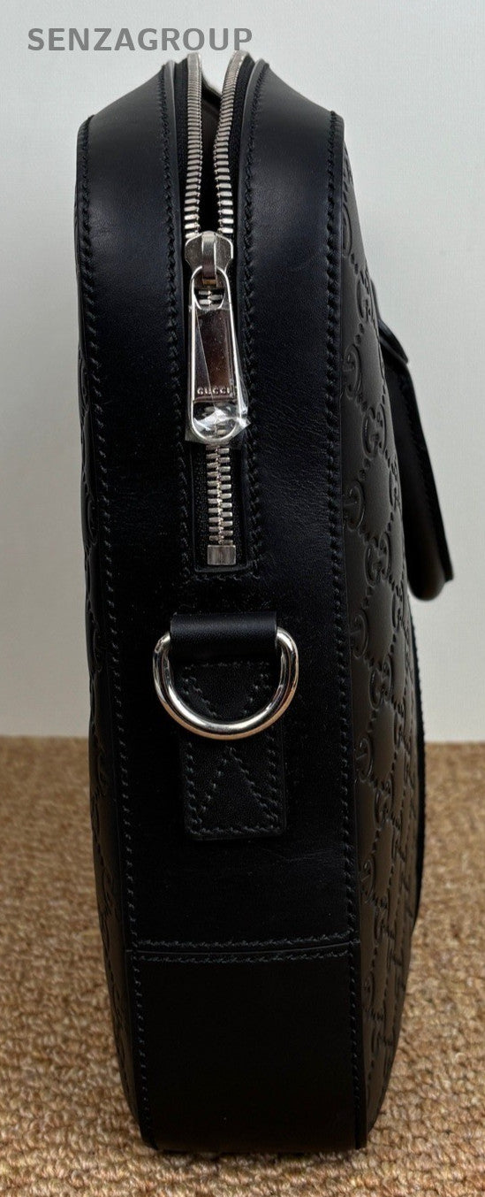 Gucci Signature Calfskin Satchel Handbag Black Silver Unisex Adults Classic
