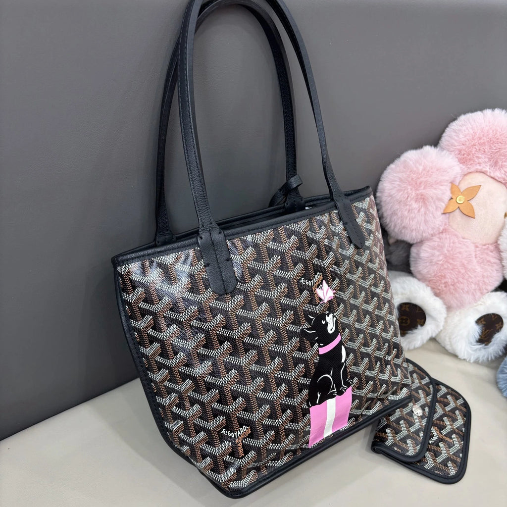 Goyard Anjou Tote Mini Top Handle Shoulder Bag Black Silver Women Classic