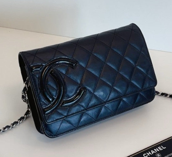 Chanel Cambon WOC Calfskin Chain Shoulder Bag Crossbody Black Silver Women