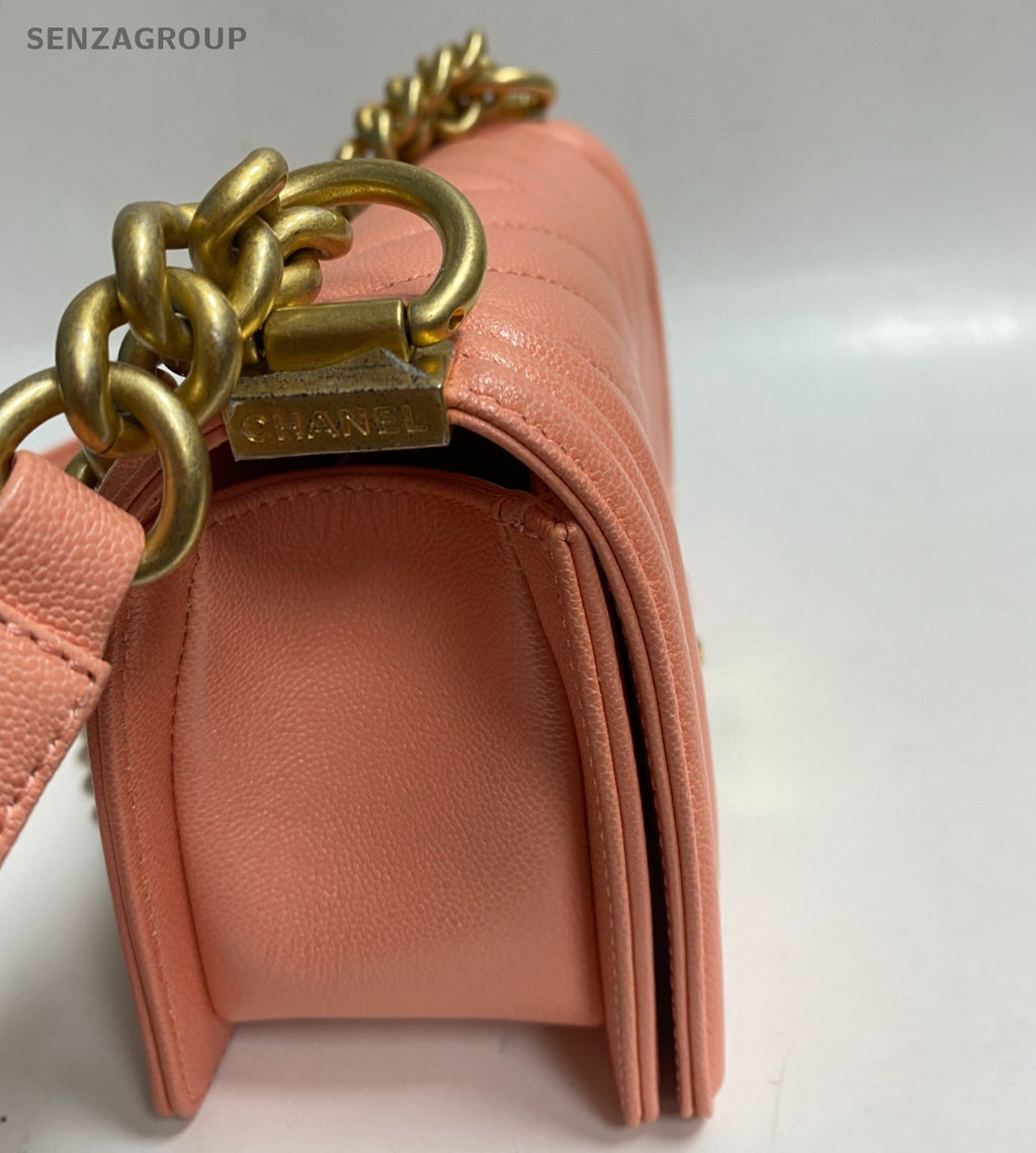 Chanel Leboy PM Chain Shoulder Bag Pink Gold Chevron Women Classic Fashion