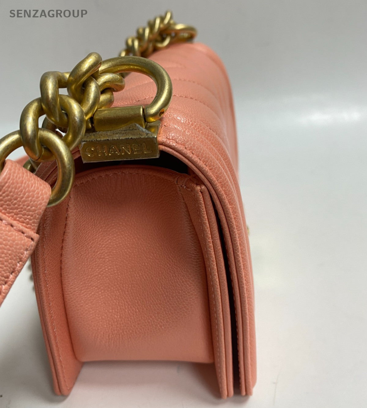 Chanel Leboy PM Chain Shoulder Bag Pink Gold Chevron Women Classic Fashion