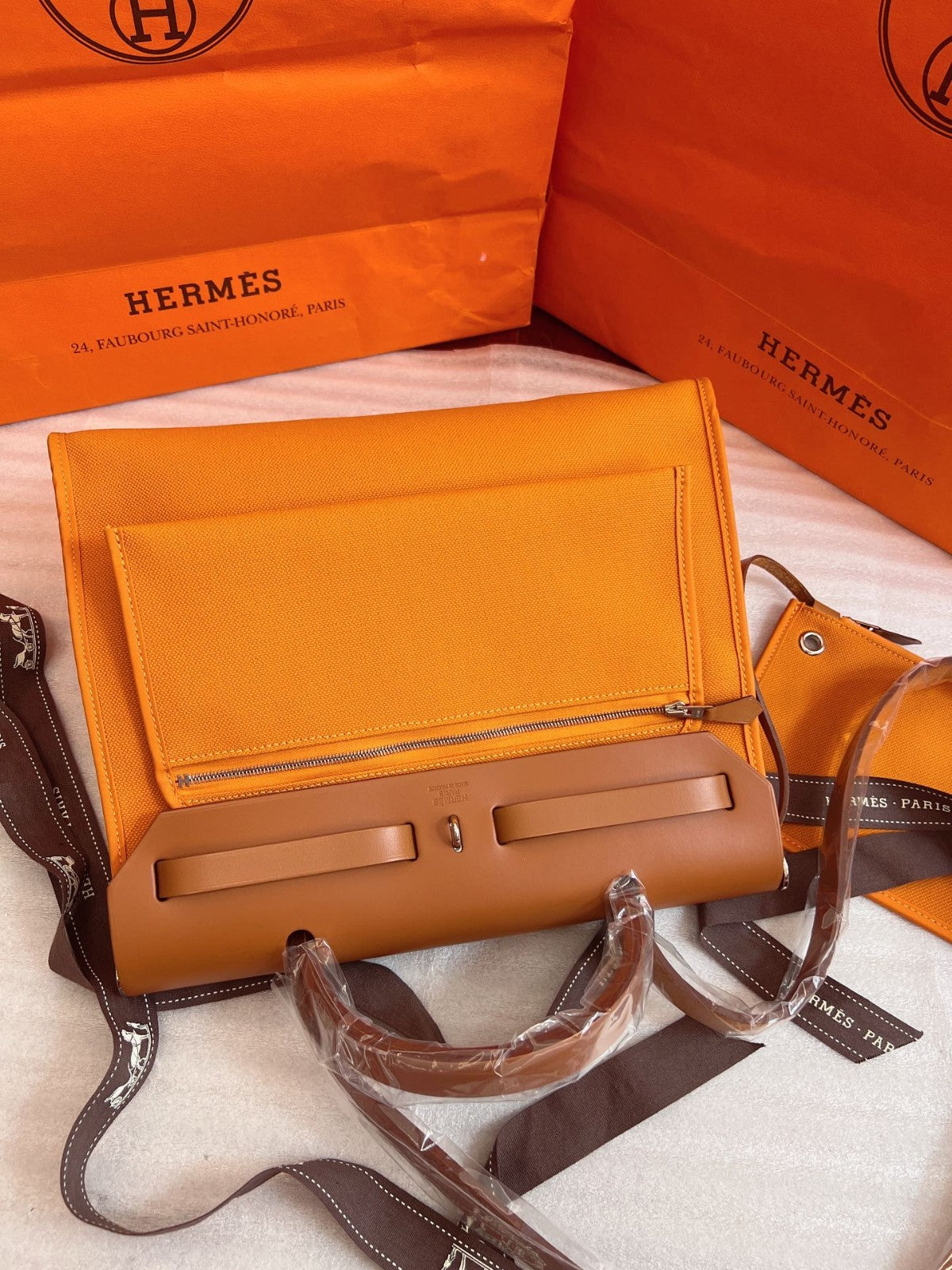 Hermes Herbag31 Top Handle 2way Shoulder Handbag Canvas Orang Brown Women