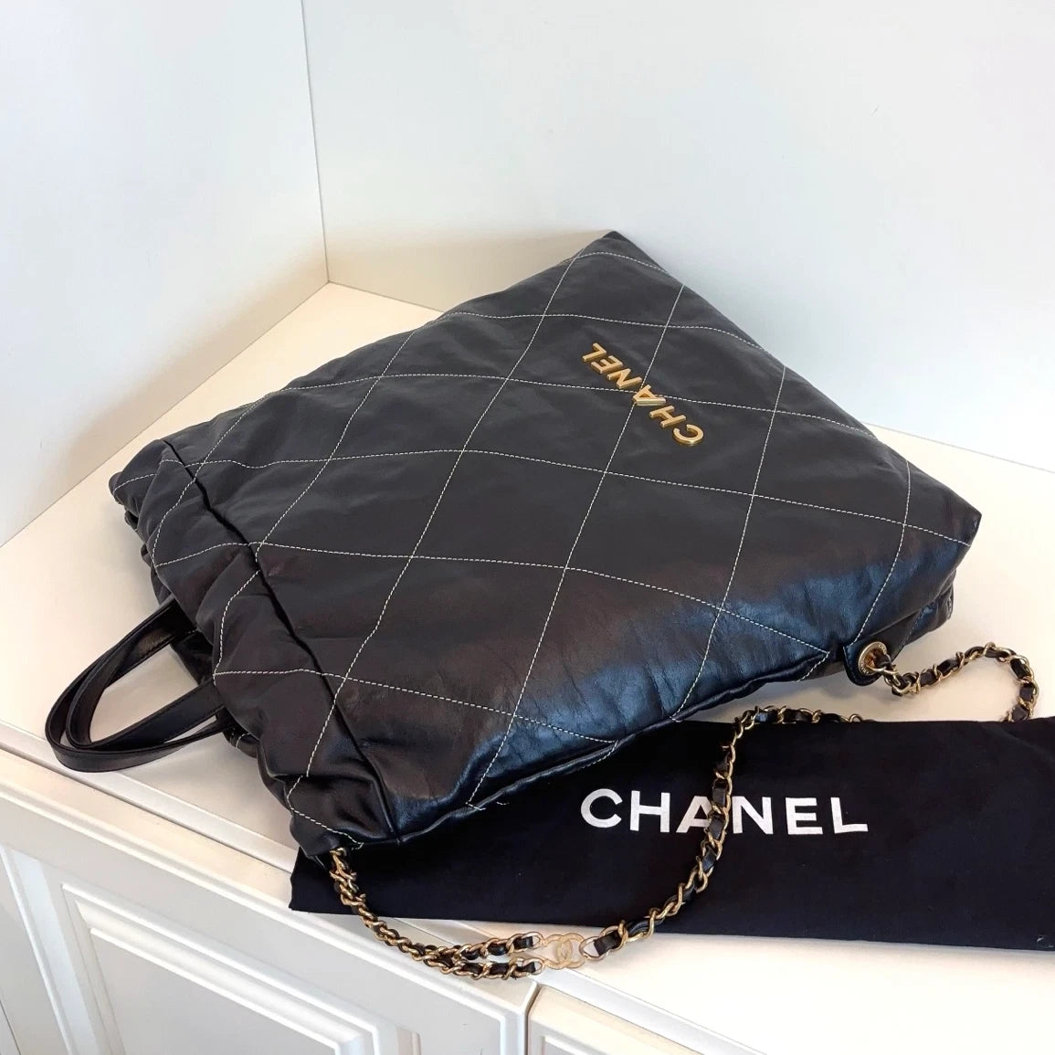 Chanel 22Bag Chain Backpack Black Gold Diamond Women Classic