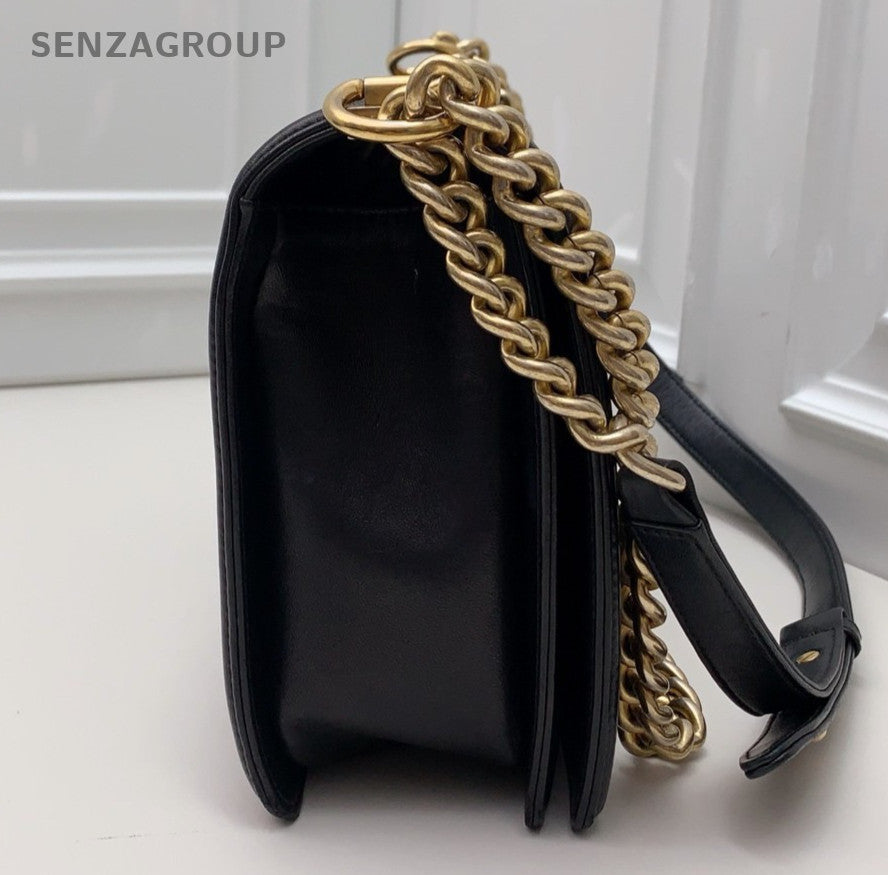 Chanel Leboy GM Chain Lambskin Shoulder Bag Black Gold Women Classic Fashion