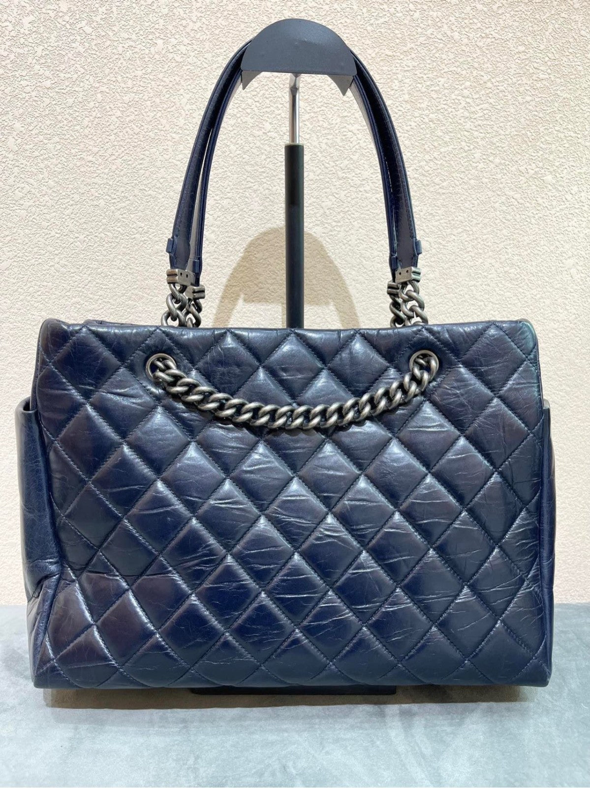 CHANEL Combom Diamond pattern Double Handle Shoulder Handbag Women Blue Silver