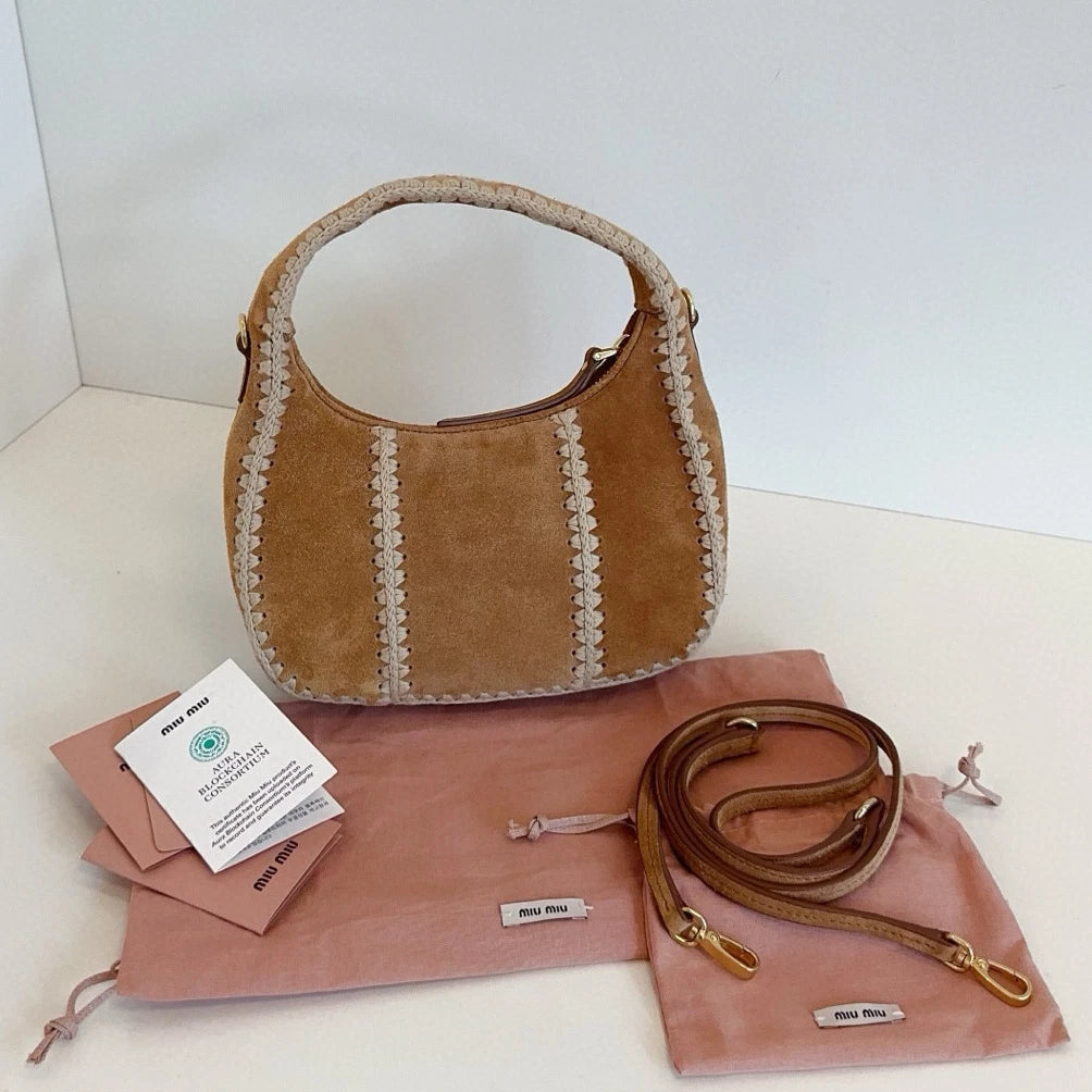 Miu Miu Wander Suede Top Handle Shoulder Bag Brown Gold Women Classic