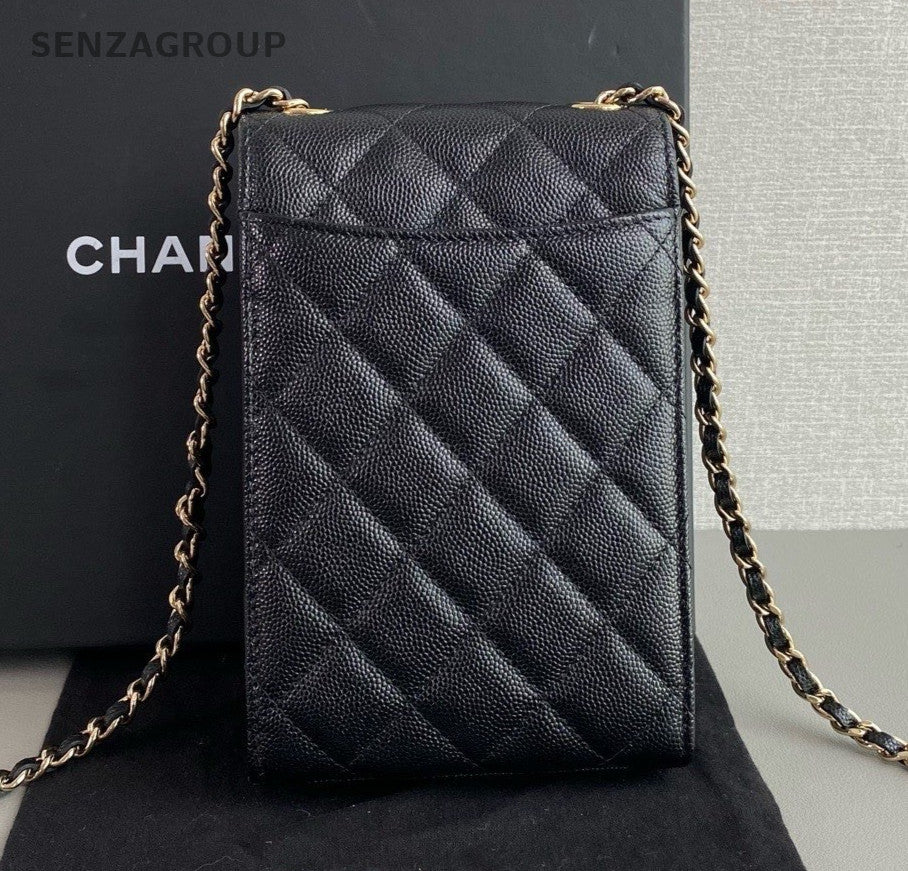 Chanel Diamond Chain Shoulder Bag Crossbody Black Gold Women Classic
