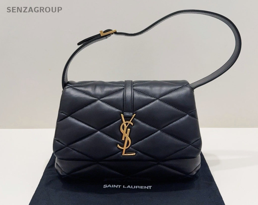 YSL Saint Laurent LE57 Hobo Lambskin Shoulder Handbag Black Gold Women