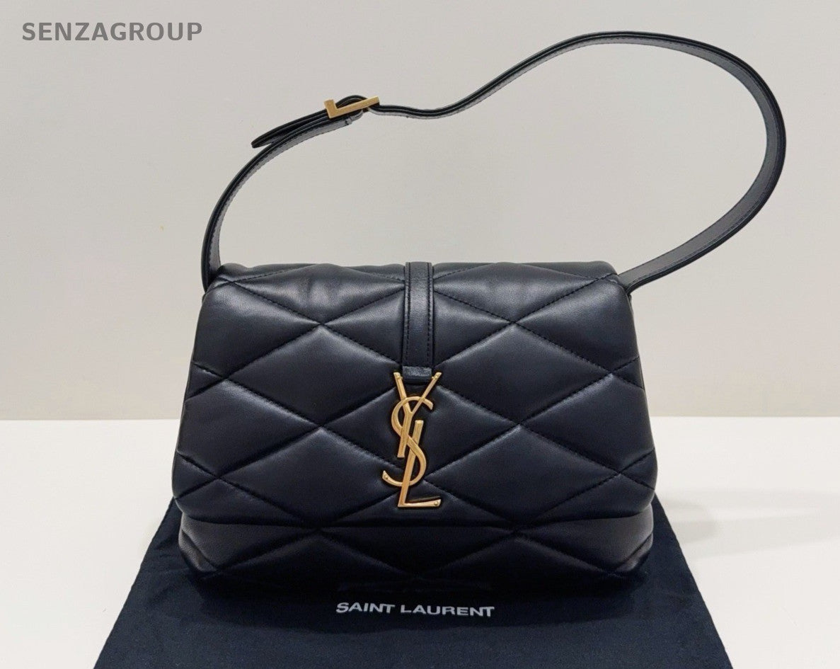 YSL Saint Laurent LE57 Hobo Lambskin Shoulder Handbag Black Gold Women