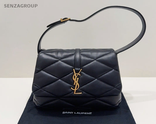 YSL Saint Laurent LE57 Hobo Lambskin Shoulder Handbag Black Gold Women