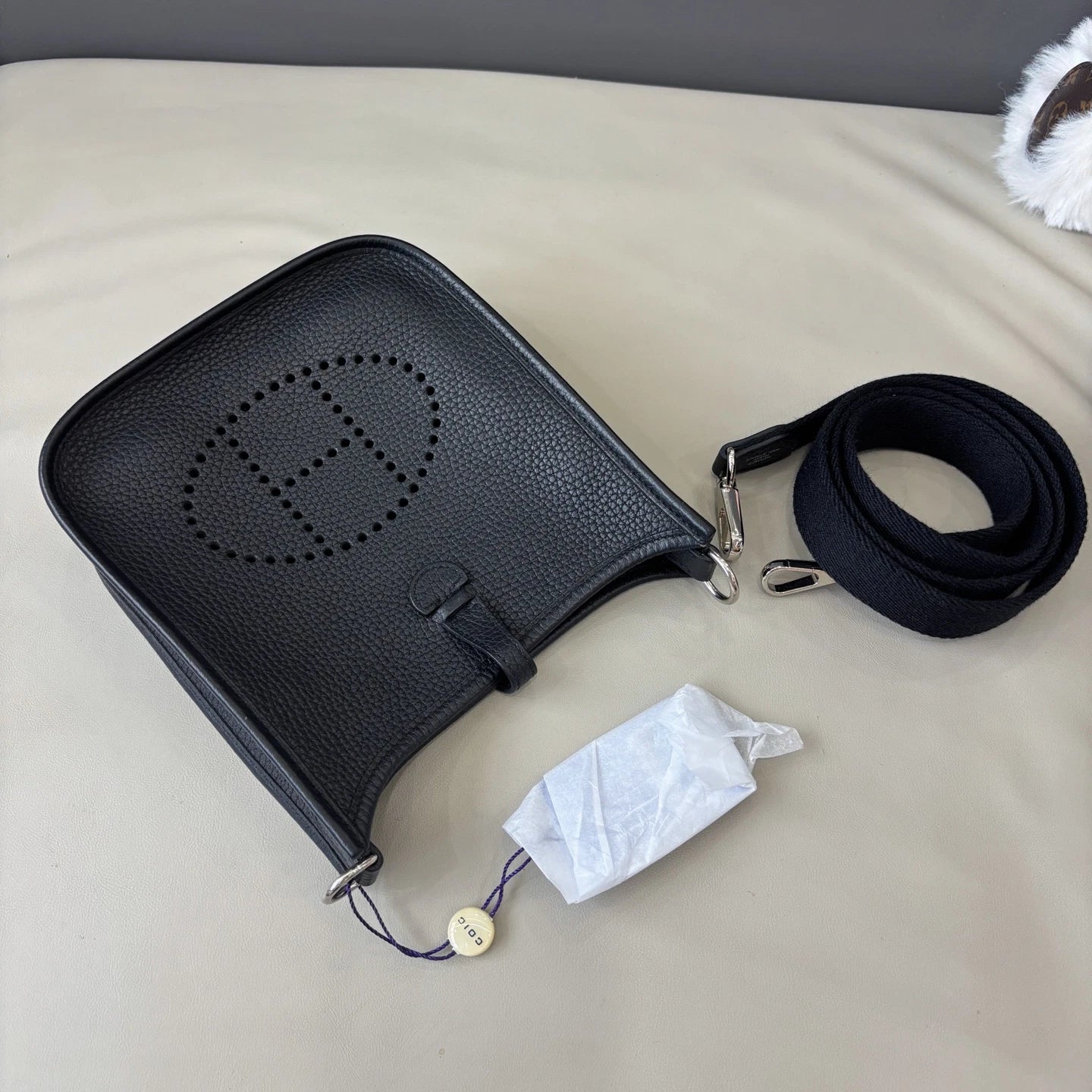 Hermes Evelyne Mini Shoulder Bag Black Silver Unisex Adults Classic
