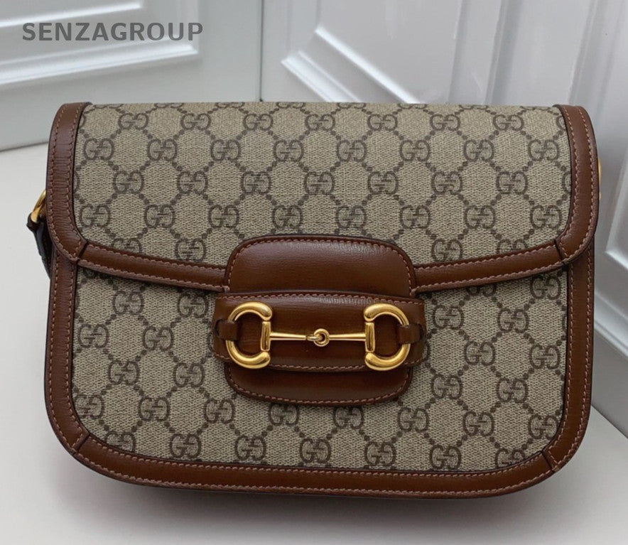 Gucci Horsebit1955 MM Ophidia Saddle Shoulder Bag Brown Gold Women Classic