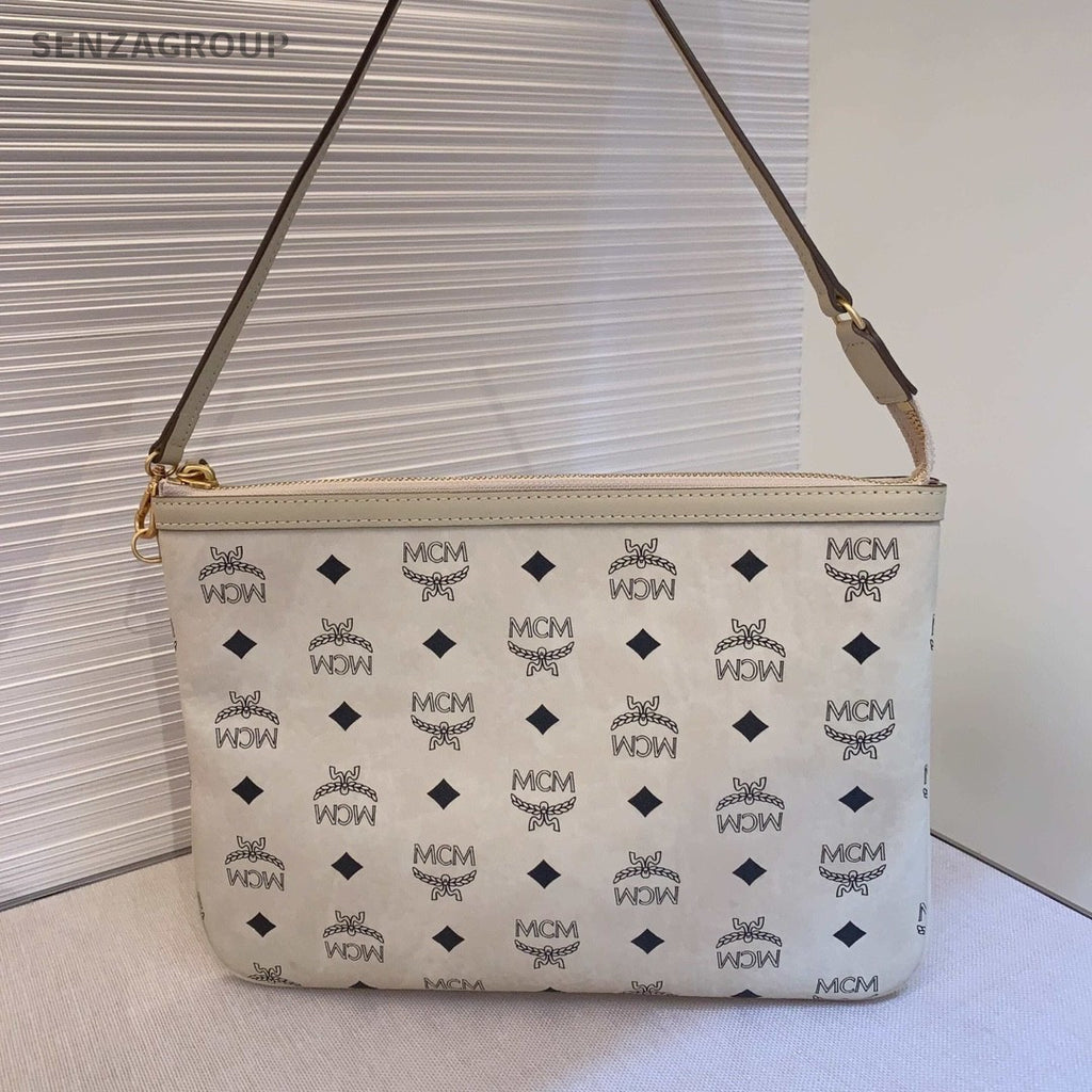 MCM Beige white Classic logo tote Shoulder bag