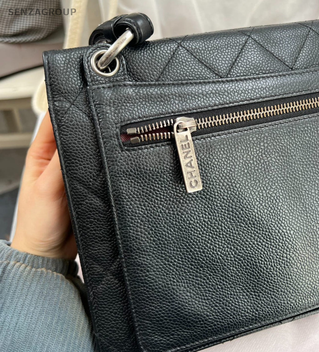 Chanel Diamond Calfskin Chain Shoulder Bag Black Silver Women Classic