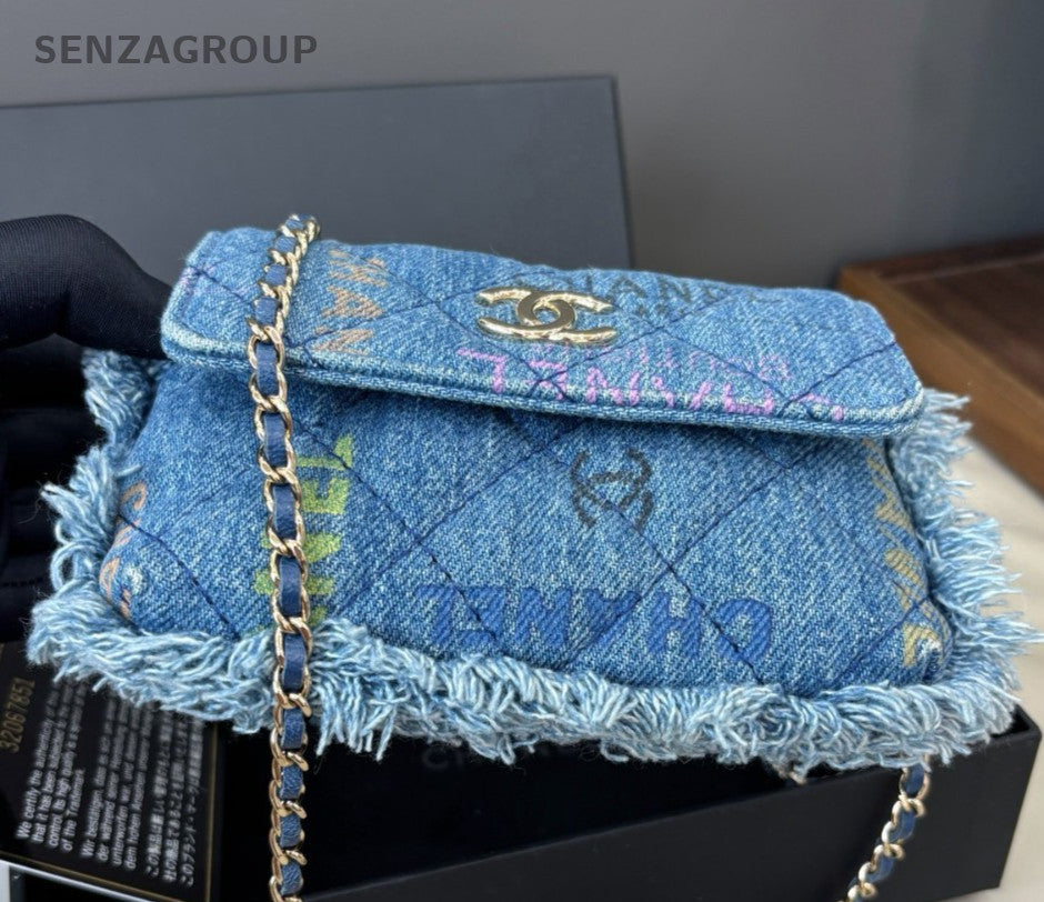 Chanel Diamond Mini Denim Chain Shoulder Bag Crossbody Blue Gold Women Classic