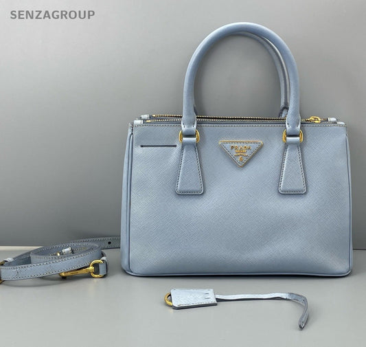 Prada Galleria PM Top Handle Bag Crossbody Blue Gold Women Classic