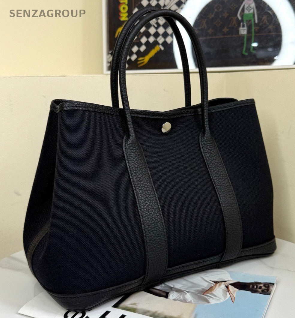Hermes Garden Party30 Top Handle Bag Black Silver Used Women Classic Fashion