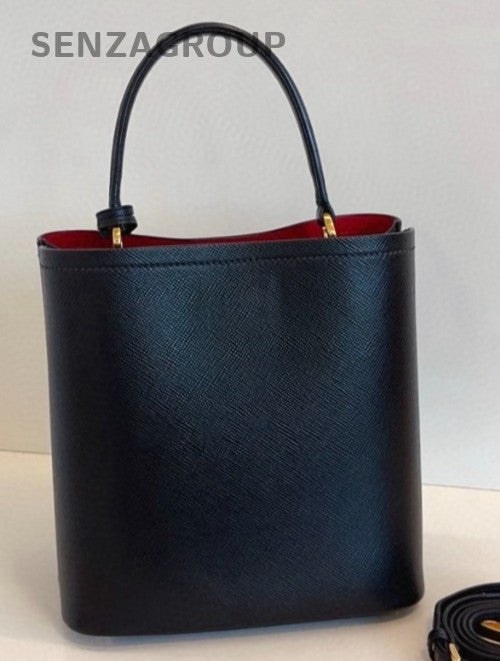 Prada Panier Saffiano Calfskin MM Top Handle Bag Crossbody Black Red Gold Women
