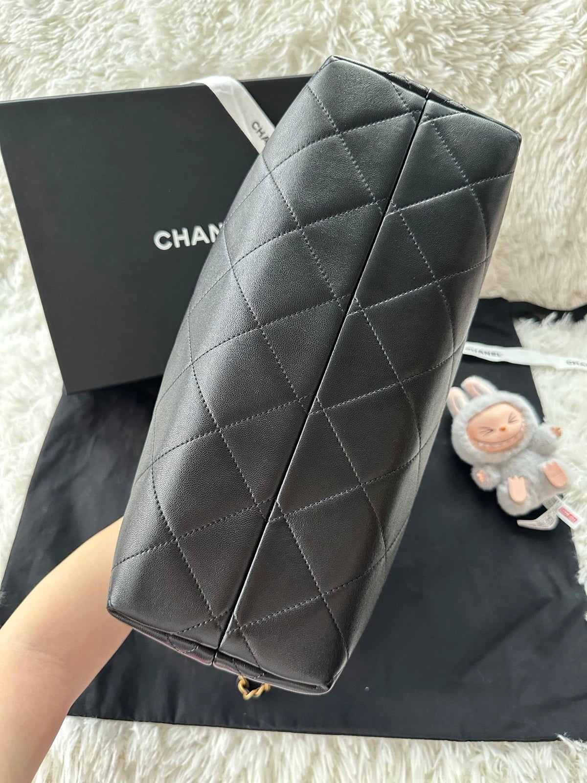 New CHANEL Gray Black Suede Leather Hobo Tote Shoulder Handbag Women