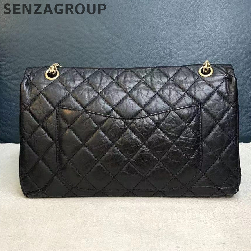 Chanel 2.55 Large Black Gold Chain Shoulder Crossbody Bag Classic Women