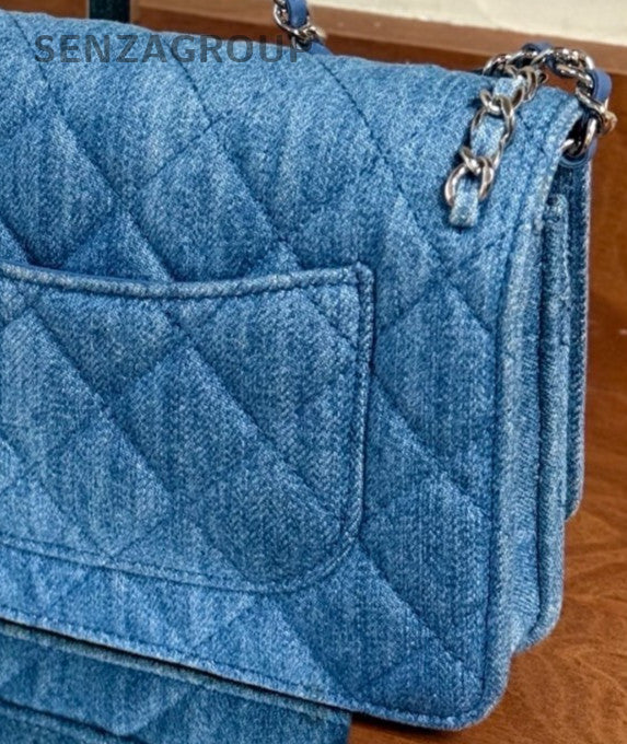 Chanel WOC Chain Shoulder Bag Crossbody Blue Silver Used Women Classic
