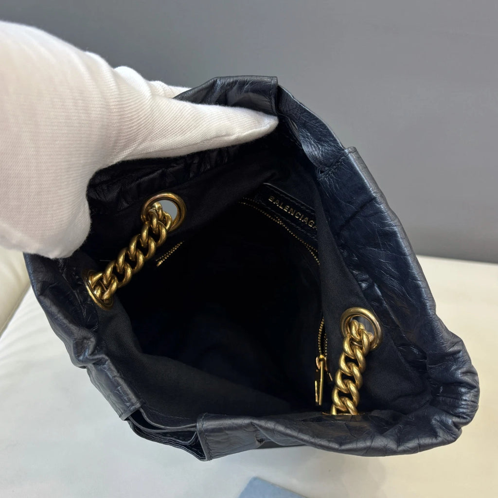Excellent Balenciaga Crush PM Black Bucket Chain Shoulder Bag Gold Hardware