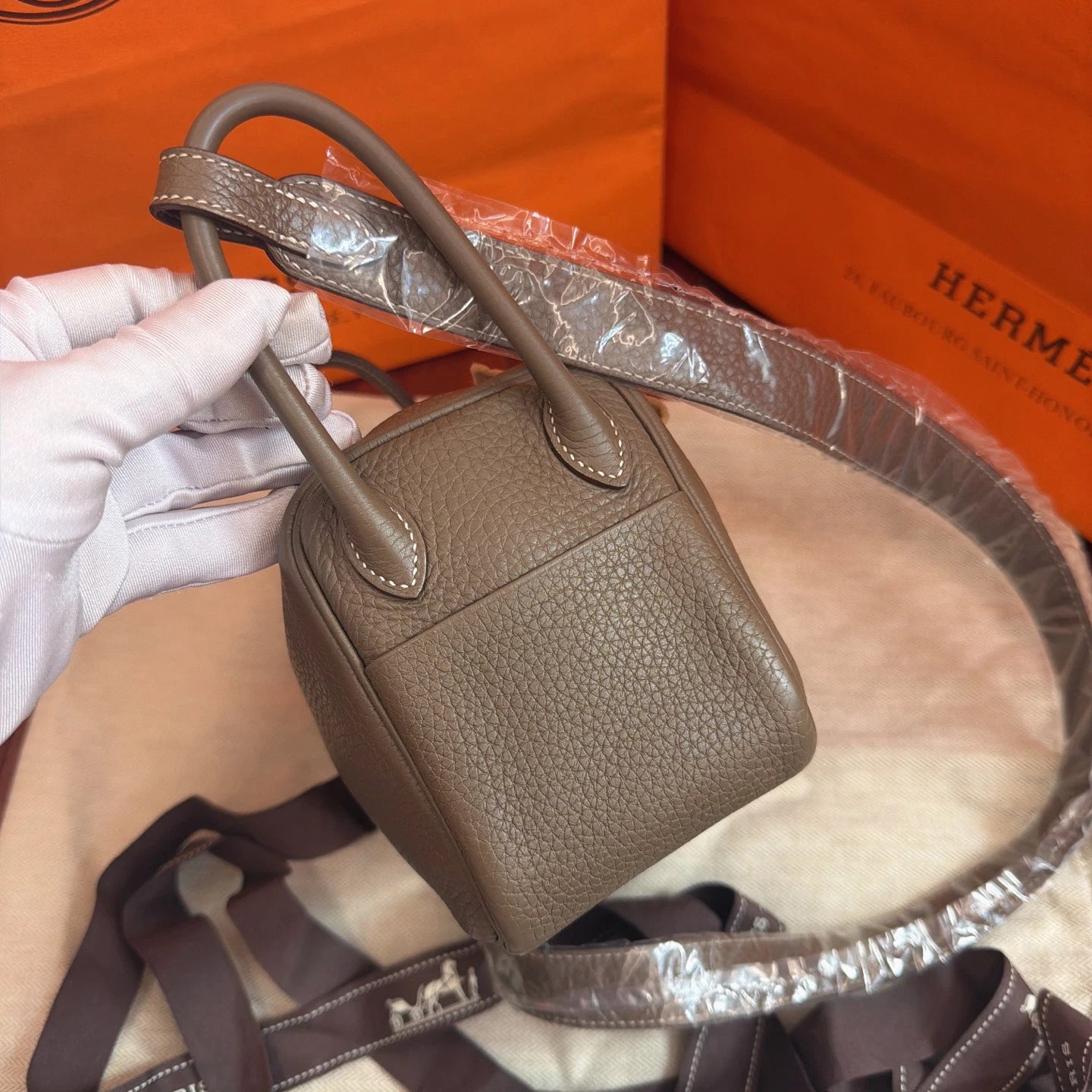 Hermes Lindy Mini TC Leather Top Handle Bag Shoulder Bag Gray Silver Women