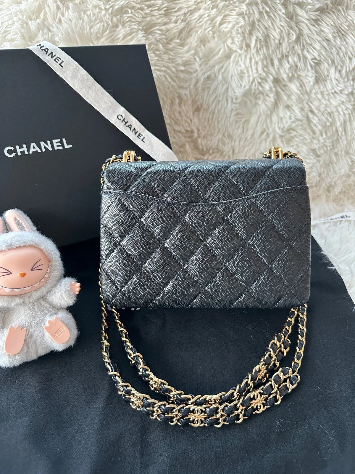 CHANEL Black Caviar Leather Square Shoulder Handbag For Women