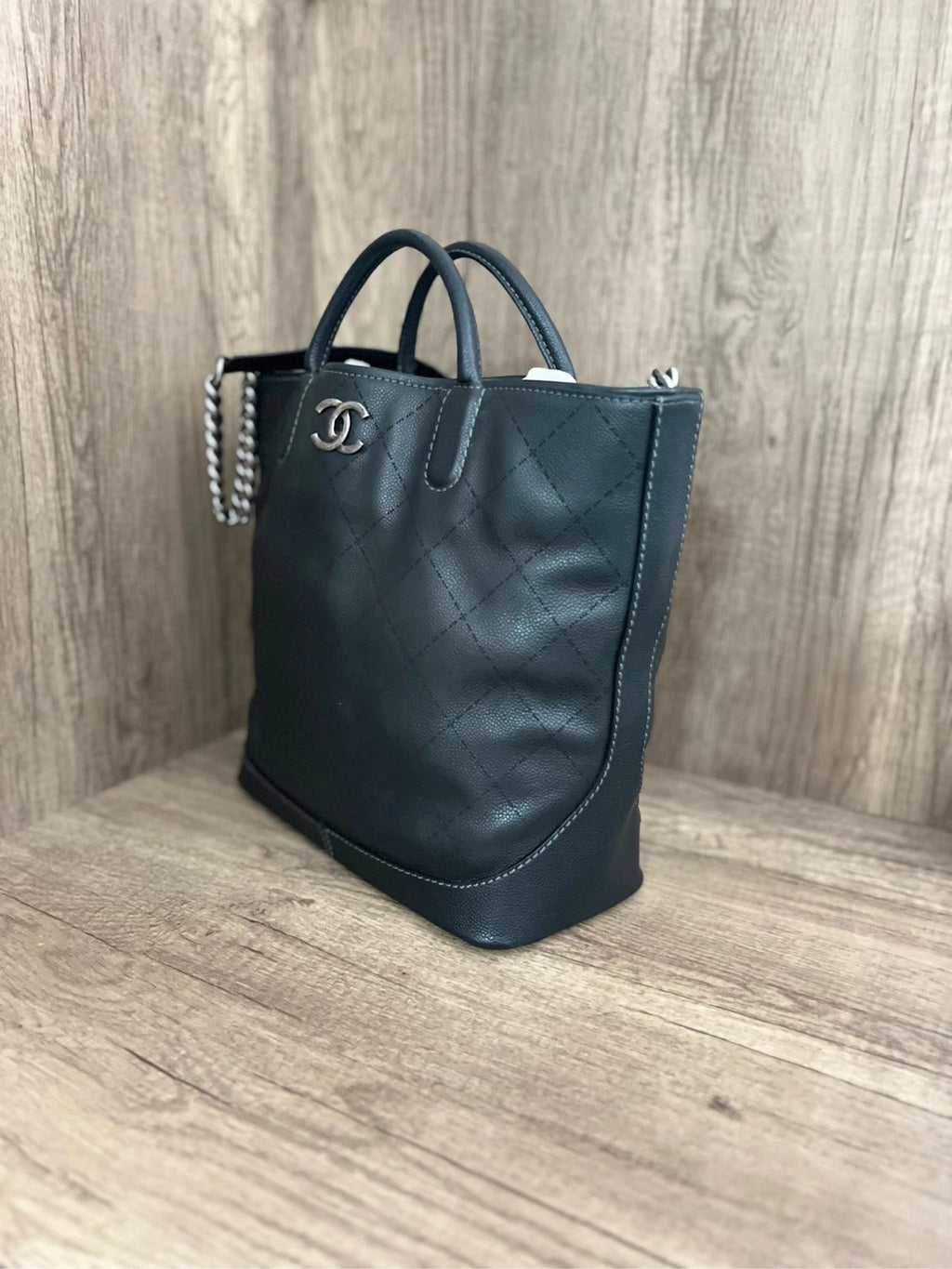 CHANEL Black Silver Quilted Chain Shoulder Tote Bag For Women