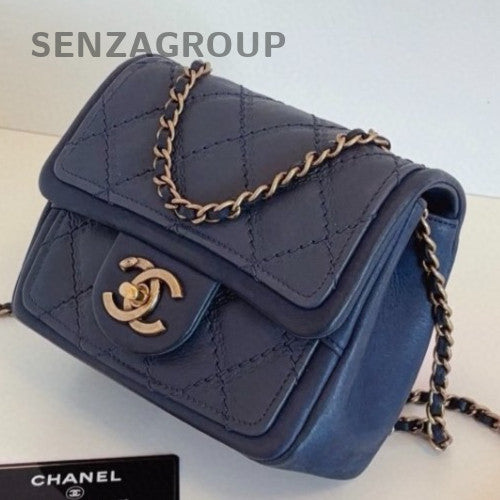 Chanel Classic Flap Chain Shoulder Bag Crossbody Blue Gold Used Women Fashion