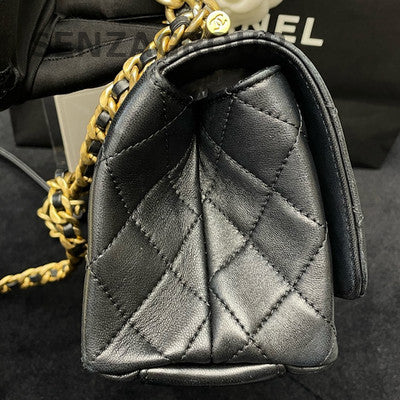 Chanel Black Gold Lambskin Quilted CC Top Handle Chain Crossbody Bag