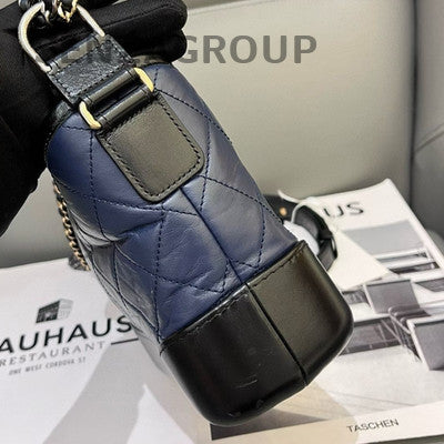 Chanel Small Black Blue Calfskin Chevron Gabrielle Hobo Bag