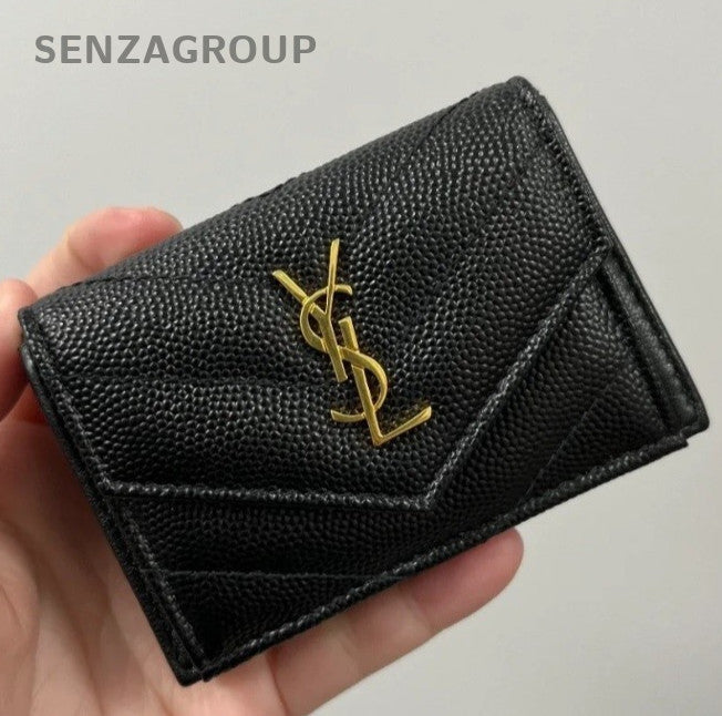 YSL Saint Laurent Caviar Leather Tri-fold Envelope Wallet Clutch Women Black