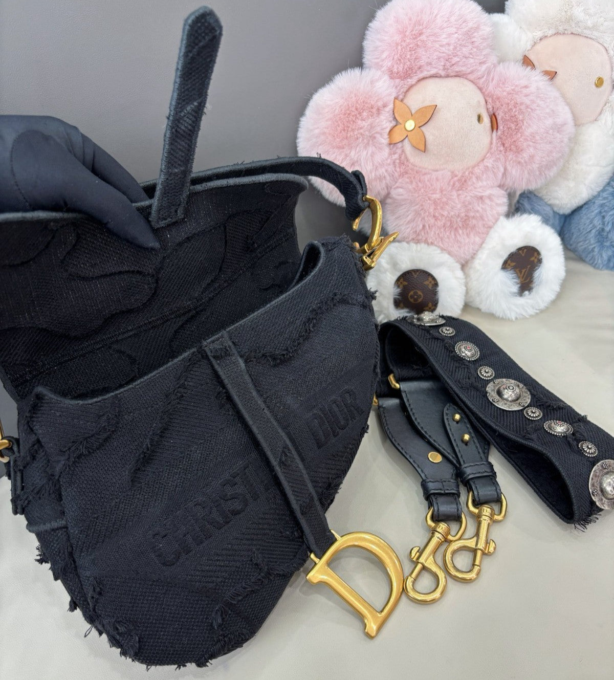 Christian Dior Saddle MM Canvas Top Handle Shoulder Crossbody Black Gold Women