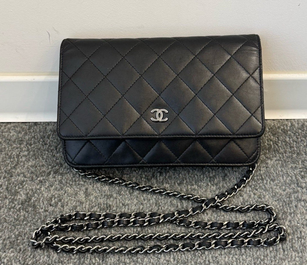 Chanel WOC Lambskin Chain Shoulder Bag Crossbody Black Silver Women Classic
