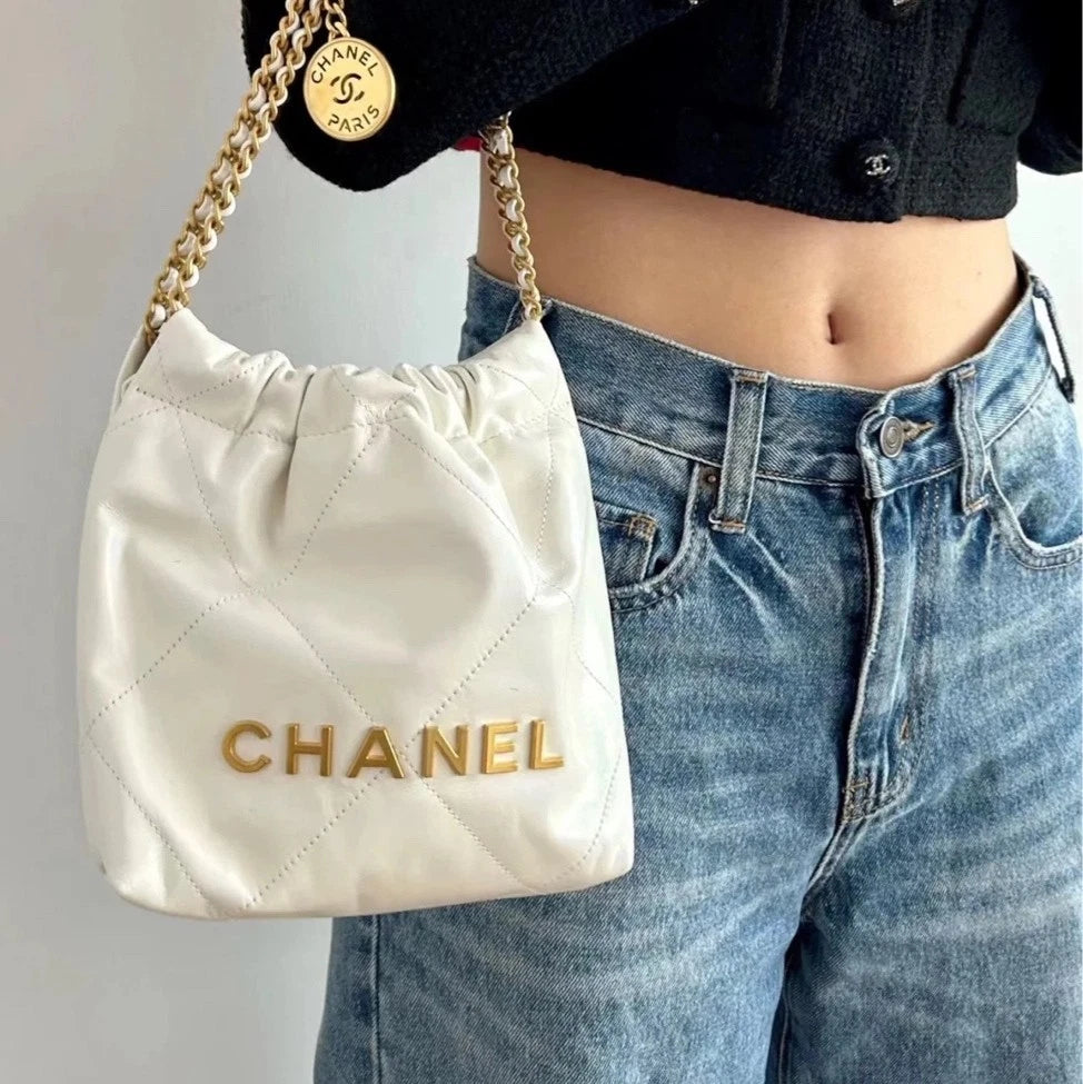 CHANEL Drawstring 22Bag White Gold Tote Chain Shoulder Bag For Women